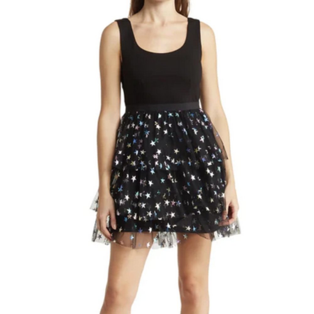 Betsey Johnson Mini Tulle Dress with Metallic Rainbow Stars in Black NWT
